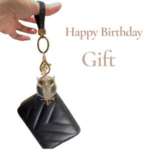 Black Quilted Card Holder with Owl Keychain 2 pcs set Ideal for Birthday Gift 🎁